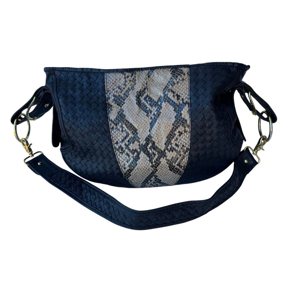 Bebe Black Tan Woven Faux Leather Snake Print Detachable Strap Hobo Bag